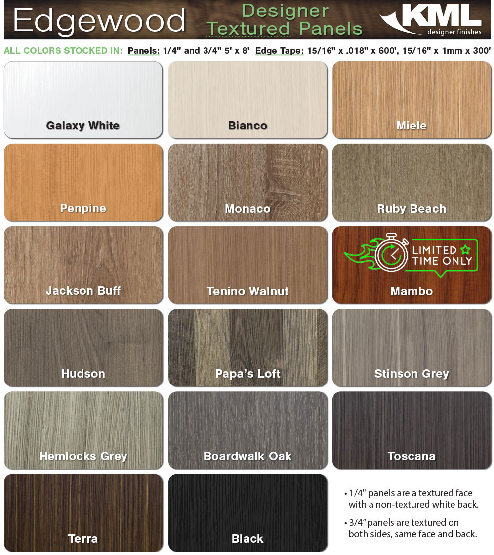 Hardwood Industries is now stocking KML Edgewood Designer Textured Panels in the following pictured sizes, thicknesses, and colors..