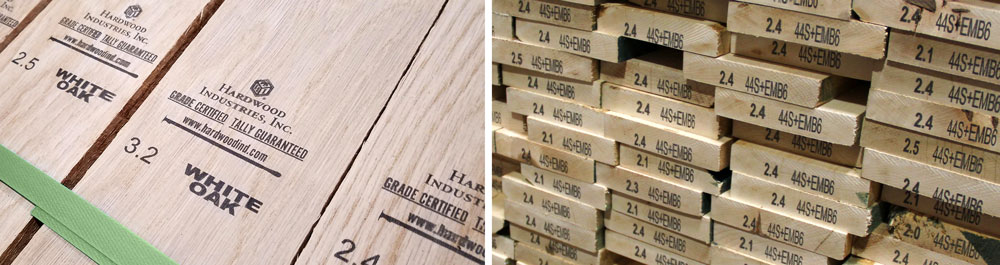 Hardwood Industries Tally Stamps.  Each board is tally stamped on the face and the end of the board with its board footage.